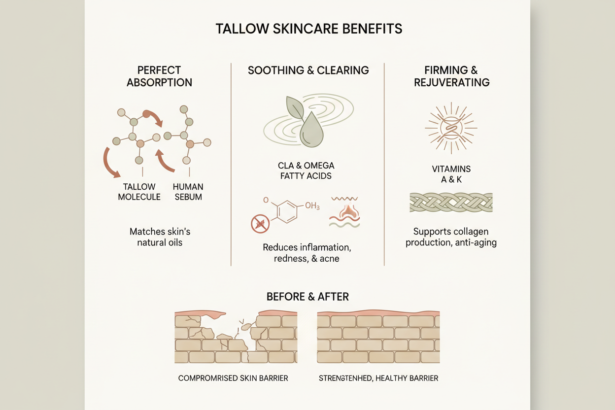 Diagram of tallow skincare benefits with icons and text on a light background
