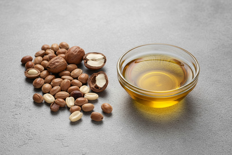 Create a photorealistic image of raw Organic jojoba oil with a gray background as if it was shot in a studio.  Show the actual jojoba and then the oil in a non-marked glass bowl.