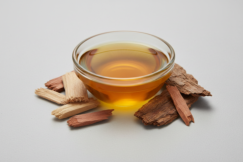 Create a photorealistic image of raw Sandalwood essential oil with a gray background as if it was shot in a studio.  Show the sandalwood and the oil in a non-marked glass bowl.