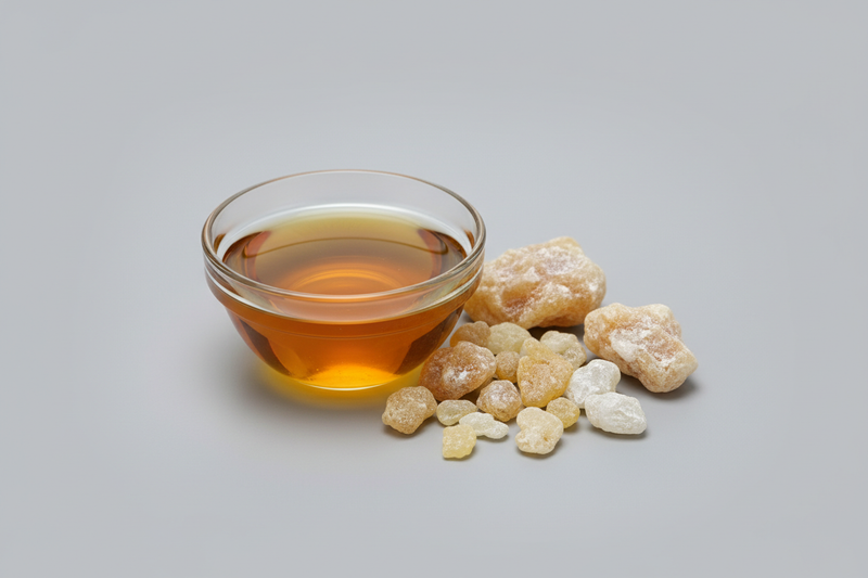 Create an image showcasing the raw ingredient: Frankincense essential oil.  Show some Frankincense and the oil in a clear glass. Make it with a clear bowl not a bottle with writing on it.  Make this with no background just grey as if it was photographed professionally in a studio.