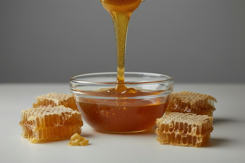 remove any text, zoom in on the honey and have some honey combs around the bowl, make it more decorative and the background still more simple like its in a studio shot professionally